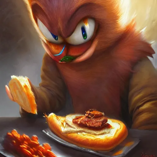 Image similar to A beautiful hyperrealistic detailed matte portrait painting of Sonic eating a sandwich of chorizo by andreas rocha and john howe and Martin Johnson