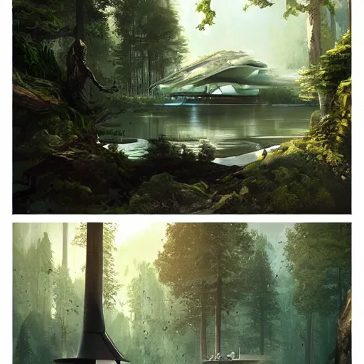 Image similar to A futuristic hotel in the forest with a river and animals around it ,Greg rutkowski, Trending artstation, cinematográfica, digital Art