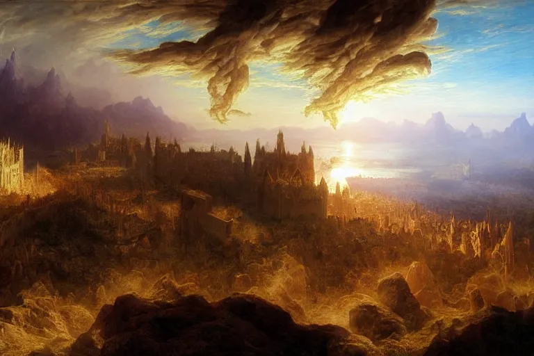 Image similar to a detailed matte landscape painting of king richard the lionhearted as a shonen anime protagonist attacking jerusalem, 8 k, volumetric lighting, in the style of disney, art by albert bierstadt and thomas moran