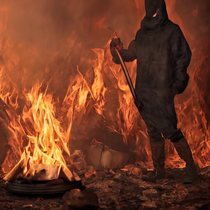 Prompt: hooded man smirking while dumping gas on a camp - fire, octane render, 4 k ultra hd, hyper - detailed, realistic, seedy lighting, sharp focus, fantasy dark art