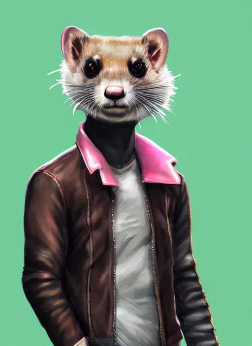Prompt: cyberpunk anthropomorphic ferret pine marten, with pink mohawk, wearing leather jacket, medium shot portrait, digital painting, trending on ArtStation