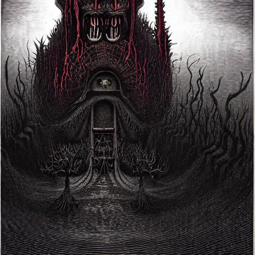 Image similar to strange horror house by junji ito, hugh ferriss, lee madgwick, alex grey and gustave dore ; spiralled blood red and smoke black art nouveau architecture ; in the style of gothic art. wes benscoter. imposing, evil, biblical hell.