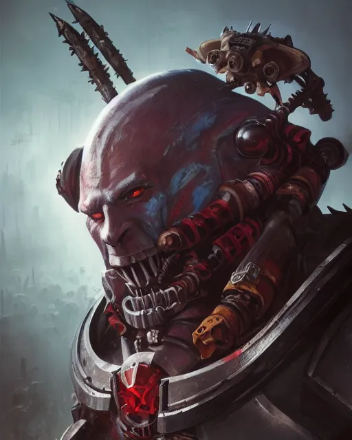 Image similar to hyper realistic portrait of heroic warhammer 4 0 k android head, cinematic, chaos marine, khorne, emperor, slaanesh, artstation, cgsociety, full head and shoulders, greg rutkowski, james gurney, mignola, craig mullins, brom redshift, vray, octane