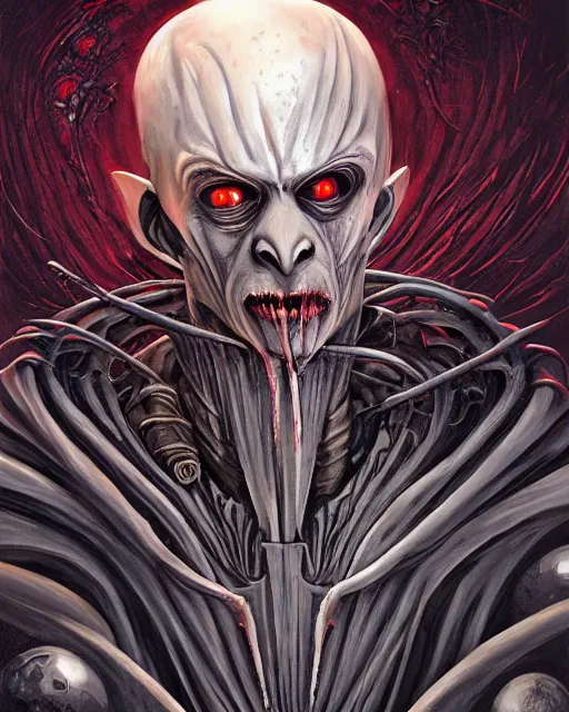 Image similar to bloody nosferatu cyborg, by antonio j. manzanedo, giger, alex grey, android jones, wayne barlowe, philippe druillet, raymond swanland, cyril rolando, josephine wall, harumi hironaka, trending on artstation