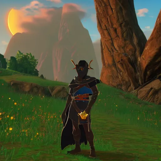 Prompt: a humanoid black goat wizard in breath of the wild, screenshot, sharp, uhd 4 k