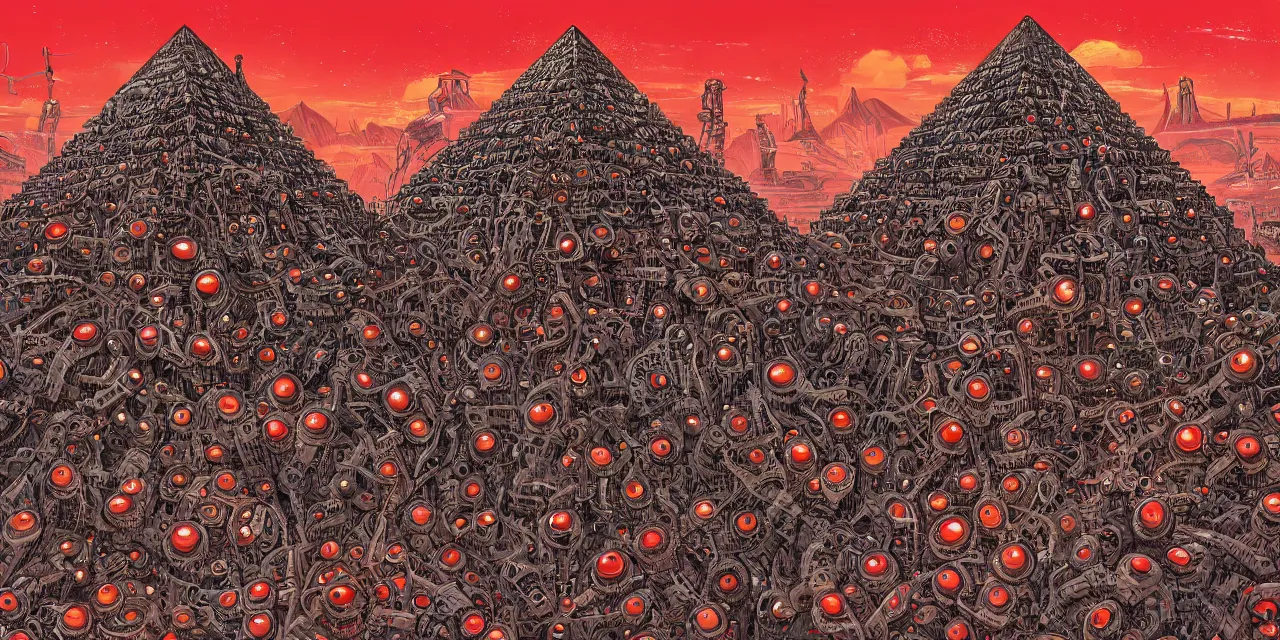 Prompt: hyper detailed comic illustration of a giant fleshy bio-mechanical machine pyramid covered in eyeballs, overlooking a dystopian wasteland, bright colors with red hues, lovecraftian