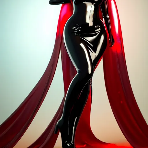 Image similar to a curvy feminine pale goth cutie wearing an elegant elaborate tight latex-nylon-leather sequined tube gown with red highlights, thin-waist, cgsociety, photorealistic, sublime-comforting ambience, 16k, smooth, sharp focus, trending on ArtStation, volumetric lighting, fully clothed, worksafe