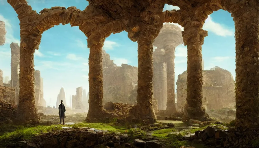 Image similar to a land of ruins of lost civilization with a distant fort in the middle, pure gold pillars, water tunnels below and a magical time gate to another dimension, a man wearing a robe standing watching over, by caspar david friedrich by james gilleard and justin gerard, artstation, smooth, sharp focus, by jean baptiste, octane render