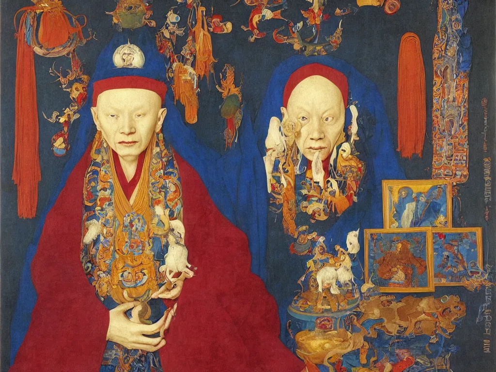 Image similar to Portrait of albino mystic with blue eyes, with Tibetan thangka. Painting by Jan van Eyck, Audubon, Rene Magritte, Agnes Pelton, Max Ernst, Walton Ford