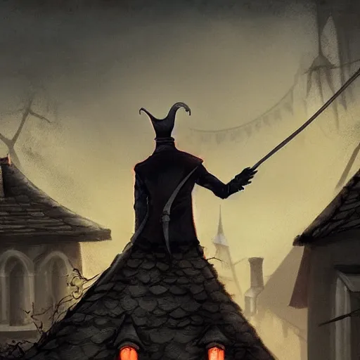 Prompt: a vampire stands on top of a village roof, looks down on street, night, fantasy, concept art, intricate detail, gothic