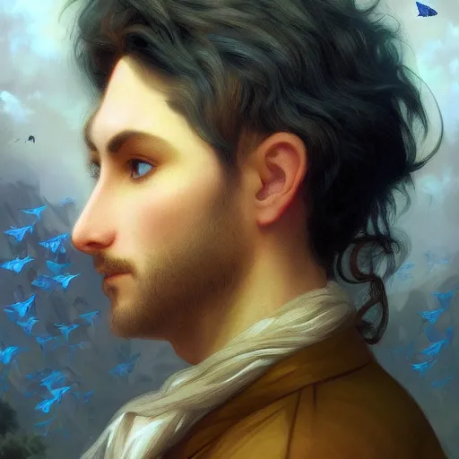Prompt: a beautiful stunning fantasy whimsical matte digital portrait illustration of a handsome man with dark eyes and blue hair covered in monarch butterflies, in the style of William Adolphe-Bouguereau and Marc Simonetti, magic the gathering, trending on artstation, contest winner