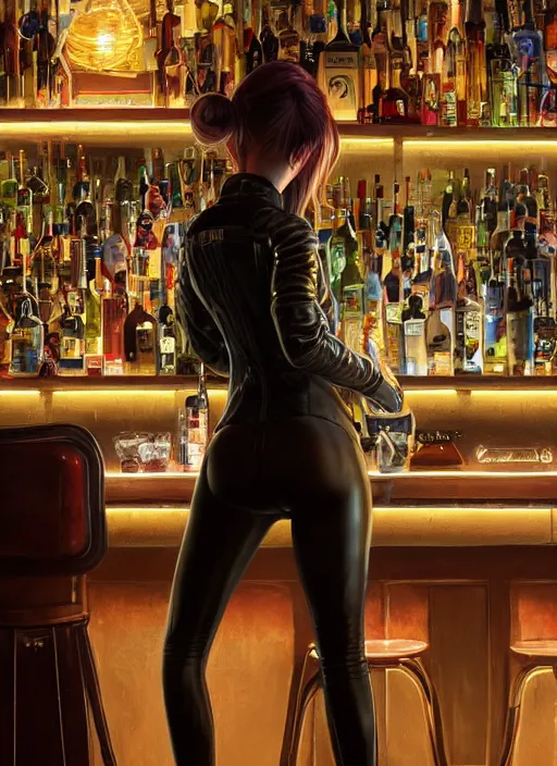 Image similar to highly detailed portrait of a beautiful female wearing a skintight leather jacket in a bar, stephen bliss, 8 k, unreal engine, by greg rutkowski, loish, rhads, ferdinand knab, makoto shinkai and lois van baarle, ilya kuvshinov, rossdraws, tom bagshaw, global illumination, radiant light, detailed and intricate environment