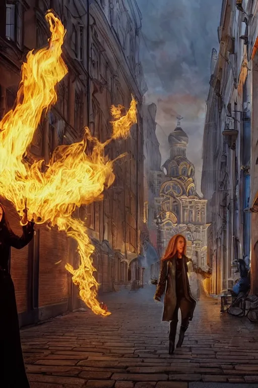 Prompt: in the foreground a street of Saint Petersburg, in the background a blond woman spitting flames with her hands wearing a long jacket like a matrix, realistic, high definition, many details, dramatic scene, detailed and realistic hands, symmetrical face, eyes realistic, art of D&D