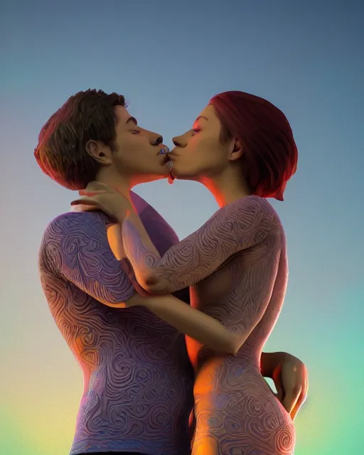 Prompt: 3 d render of kissing couple by luis toledo and alex grey and beeple, neosurrealism. digital art, pixel art, concept art, octane render, trending on cgsociety, trending on artstation