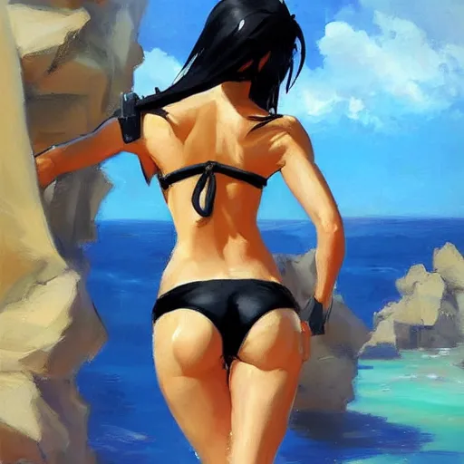 Image similar to greg manchess splashart painting of overwatch's tracer in a bikini