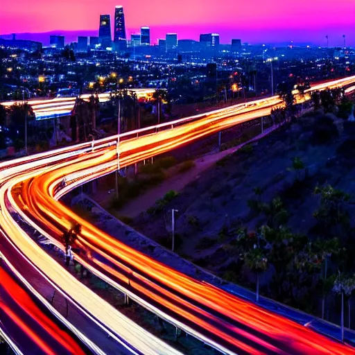 Image similar to los angeles california including interstate 5, blue hour photography, light trails, photorealistic, cinematic lighting, highly detailed