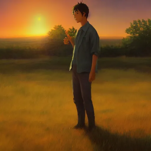 Image similar to a painting of a man standing in a field at sunset, a detailed matte painting by makoto shinkai, cgsociety, neo - primitivism, anamorphic lens flare, matte painting, global illumination