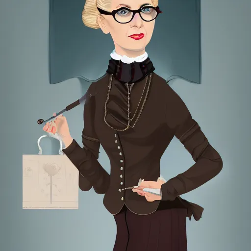 Image similar to a severe middle aged french woman with blonde hair tied in a strict bun, spectacles, lots of makeup, rich, victorian outfit, character portrait, digital art, high quality, 8 k, detailed, d & d character,