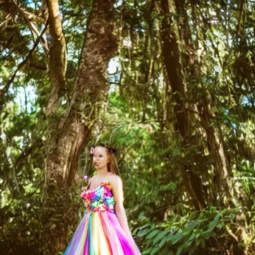 Prompt: Beautiful Fairy in a colorful magic forest wearing a long rainbow wedding gown