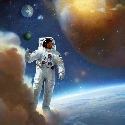 Prompt: portrait of an astronaut. hyperdetailed thomas kinkade canaletto renaissance painting pre - raphaelitism retro unreal engine iridescent matte background 8 k hd resolution