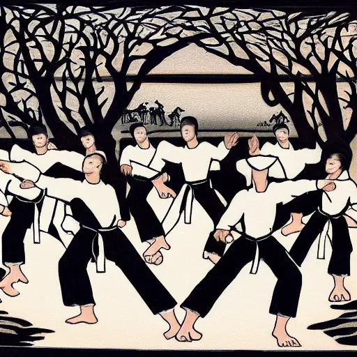 Prompt: group of white horses wearing black karate gis practicing karate inside a dojo, fantasy, woodblock art