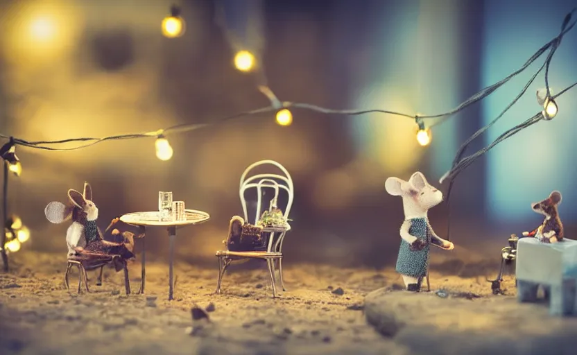 Image similar to mini cafe for mice diorama macro photography, ambient, atmospheric photograph, string lights, romantic