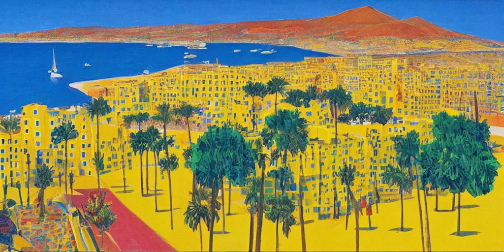 Prompt: sacaba beach in malaga with enormous yellow buildings by david hockney, detailed