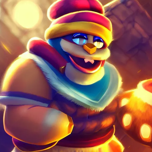 Image similar to king dedede league of legends character art. digital illustration. hyper realistic. high quality. high resolution. 4 k. dynamic lighting. highly detailed. trending on artstation. artgerm lau, wlop, rossdraws, james jean, andrei riabbovitechev.