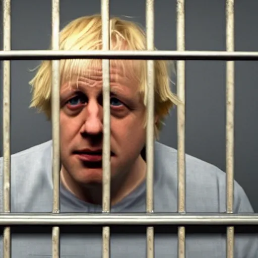 Image similar to movie scene of boris johnson behind bars, photorealistic, highly detailed 8 k