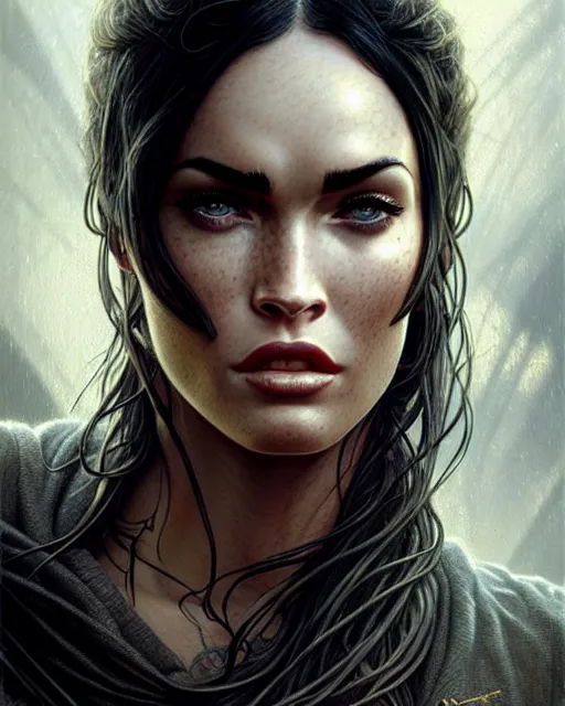 Prompt: megan fox, character portrait, portrait, close up, concept art, intricate details, highly detailed by greg rutkowski, michael whelan and gustave dore