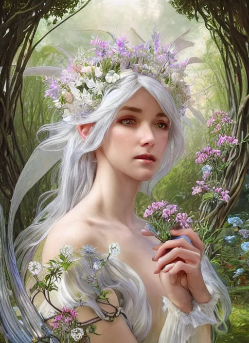 Image similar to highly detailed ilustration of a beautiful white haired woman as a fairy princess in a garden holding a bunch of wild flowers, deep focus, d & d, fantasy, intricate, elegant, highly detailed, digital painting, artstation, concept art, matte, sharp focus, illustration, hearthstone, art by artgerm and greg rutkowski and alphonse mucha and marco mazzoni