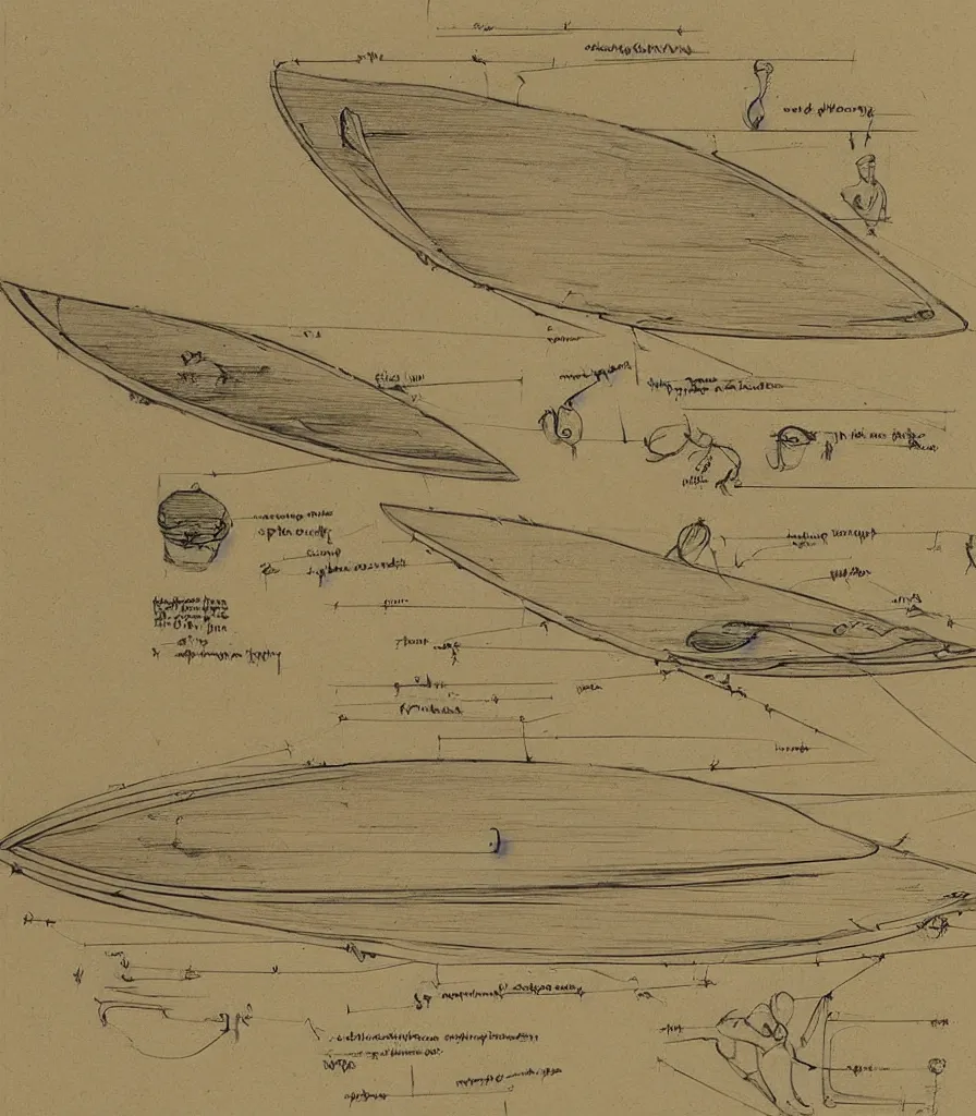 Prompt: blueprint sketch of a beautiful surfboard painted by leonardo da vinci, technical sketch, high detail, charocal drawing, firewire gofish