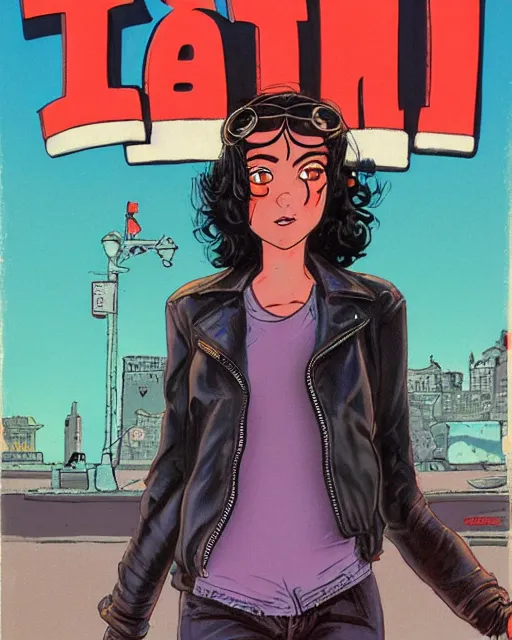 Image similar to young female protagonist in leather jacket, city street, artwork by ralph bakshi