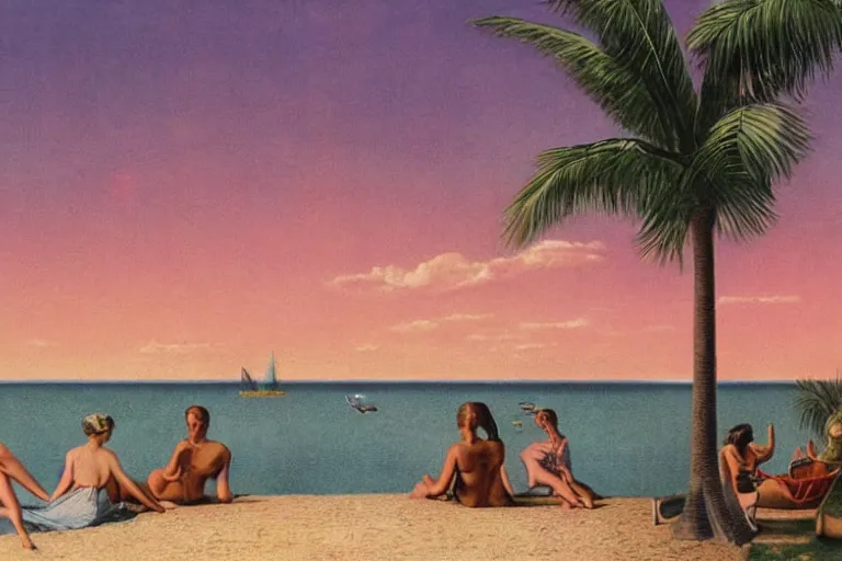 Prompt: vintage magazine illustration of a dreamy beach scene on a hot summer evening, by carel willink and gregory crewdson, pink sunset, vaporware