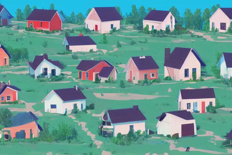 Prompt: rural houses sinking in the ground, clear blue sky, pop illustration, collage 4 k