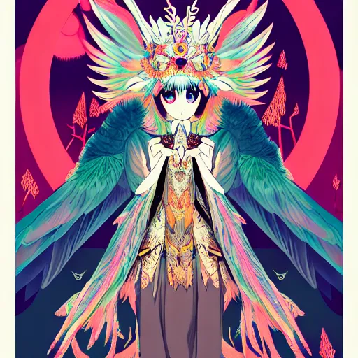 Prompt: goddess of the owls in feathered robe, humanoid, forest ritual, anime, shigeto koyama, Ilya Kuvshinov,jean giraud, manga, bright colors, beautiful, 28mm lens, vibrant high contrast, gradation, cinematic, rule of thirds, great composition, intricate, detailed, flat, matte print, sharp,clean lines