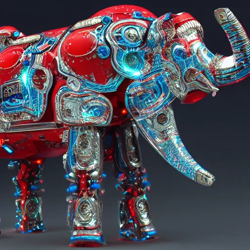 Image similar to hyper realistic cybertronic armored elephant. high details. blue and red leds. complex mechanical body. intricate, trending on art station, 8 k render.
