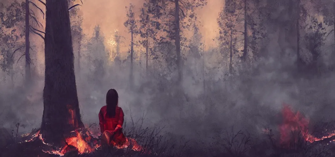 Prompt: full portrait of a young woman watching a forest fire, smoke, flames, dark, gloomy, horror, screaming, insanely detailed, photorealistic, cinematic, dramatic lighting,