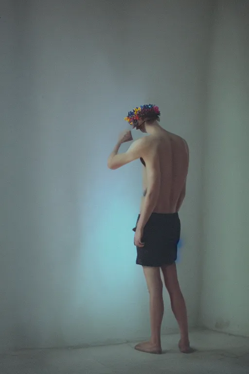 Image similar to kodak portra 4 0 0 photograph of a skinny guy looking into a otherworldly portal, flower crown, back view, vaporwave colors, grain, moody lighting, moody aesthetic,