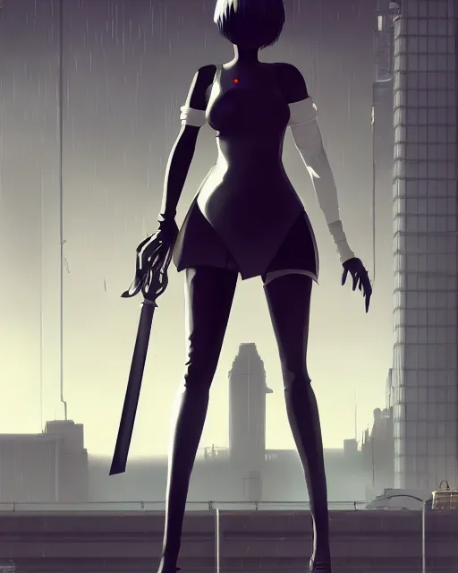 Prompt: 2B from Nier Automata and with slender body type standing in front of a large building holding a sword, cartoon illustration, trending in artstation, artstationHD, artstationHQ, cyberpunk 8k