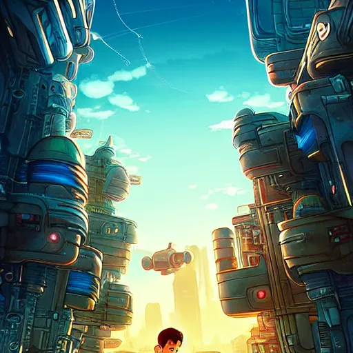 Image similar to film poster, novel cover art for a book, an adventurous boy and his small robot friend, futuristic city backgrond, eleborate composition with foreground and background, depth of field, fantasy illustration by kyoto studio, don bluth!!!, square enix, cinematic lighting