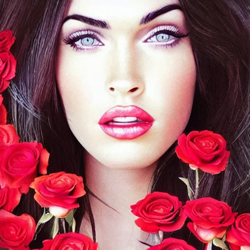 Image similar to “Megan Fox Red composed of flowers, ultra detailed portrait, 4k resolution”