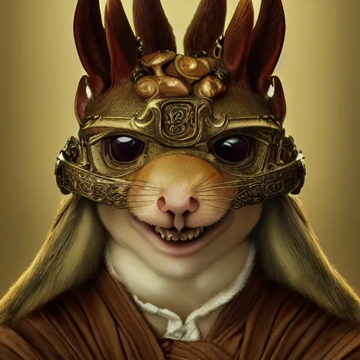 Prompt: detailed baroque portrait of a grotesque squirrel in a Japanese helmet and with katana, realistic creature concept, gazing eyes, beautiful eyes medium shot, elegant pose, fantasy, illustration, artstation, cinematic lighting, hyperdetailed, cgsociety, 8k Resolution, high resolution, Charlie Bowater, Tom Bagshaw, Tom Richmond, single face, insanely detailed and intricate, beautiful, elegant, golden ratio