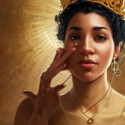 Image similar to highly detailed portrait of an drake hitting on your mom wearing a gold crown and gold chains, realistic portrait, symmetrical, highly detailed, digital painting, artstation, concept art, smooth, sharp focus, illustration, cinematic lighting, art by artgerm and greg rutkowski and alphonse mucha