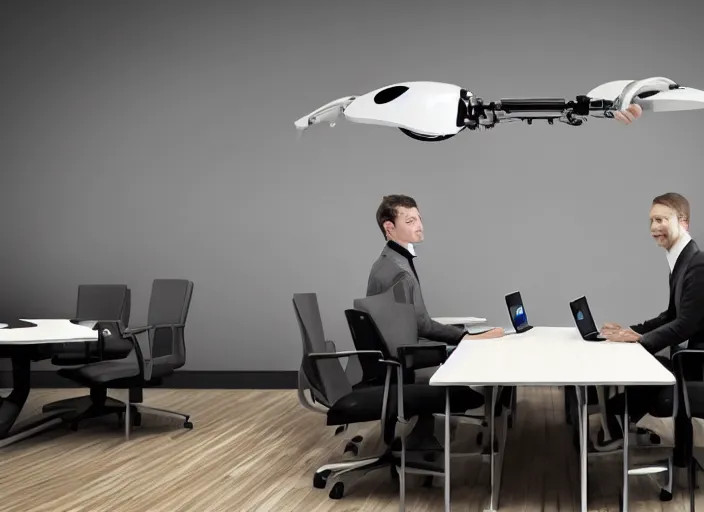 Image similar to A business meeting room. there are 2 people in the room. the first is a severed human head. flying human head. The head is Hovering with no body. the second person is the room is a Robot.