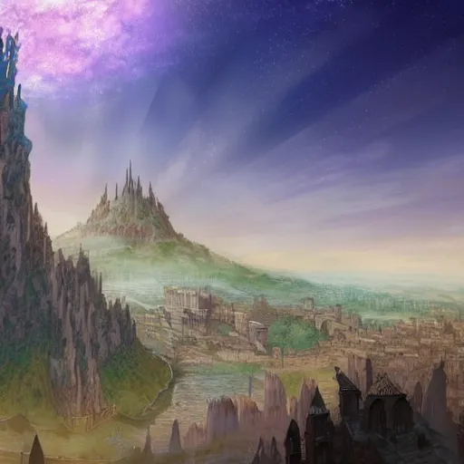 Prompt: fantasy anime background art of a medieval city built in the bottom of a giant crater with mountains around the edges, with a tall tower in the center, 4k digital art