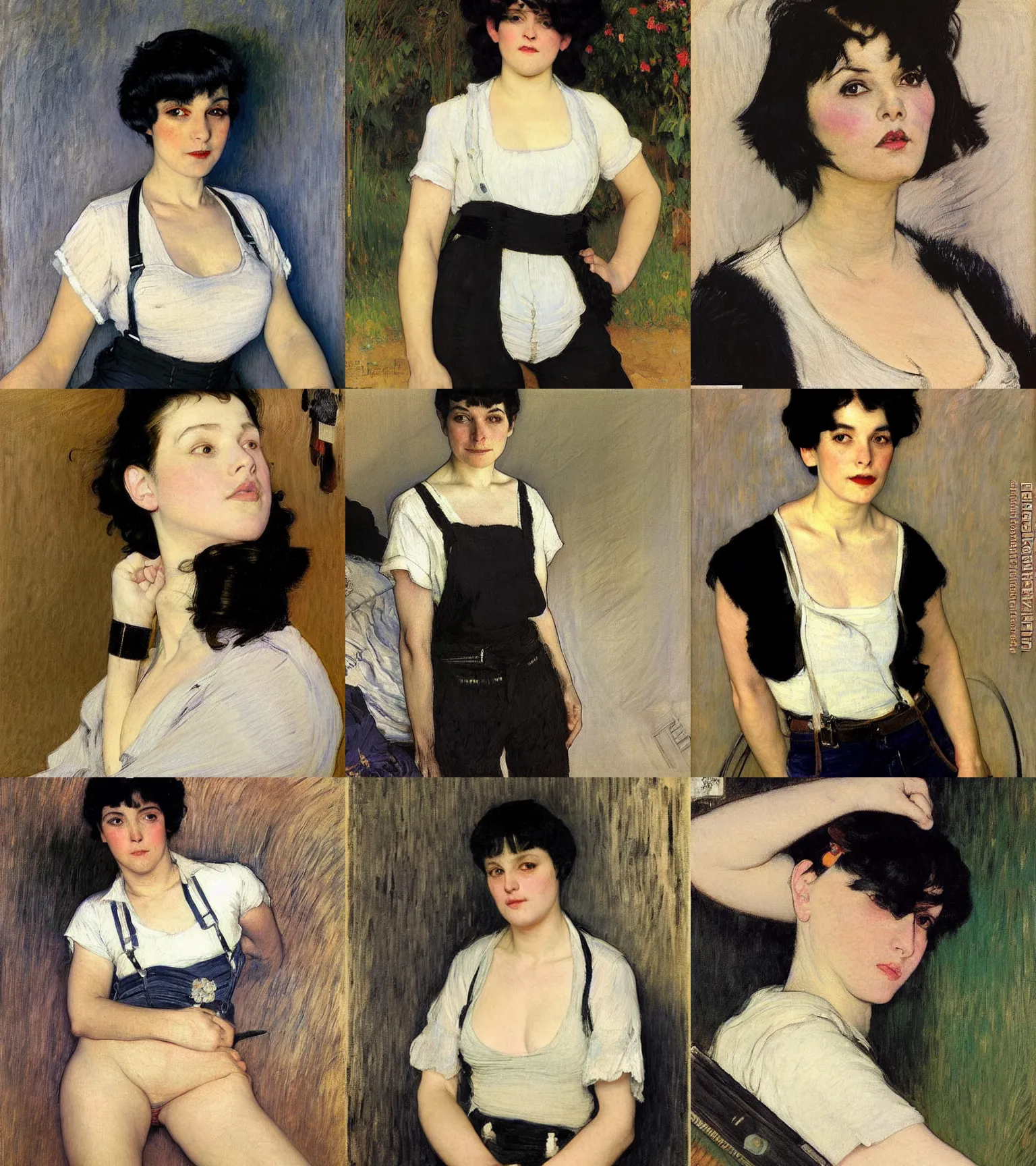 Prompt: a woman with black hair and long pixie haircut in shorts with suspenders and white t-shirt drawn by george bellows, gustave caillebotte, Alexandre Cabanel, norman rockwell, dominique ingres, maler collier, ralph bakshi, alphonse mucha, gustav klimt 4k, unreal 5, DAZ, french noveau, trending on artstation, octane render, hyperrealistic