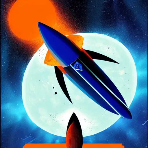 Image similar to Blue V2 rocket in space, tin tin, planet in the style of orange company, intricate, SCI-Fi, movie poster, high detail, digital art by raphael lacoste