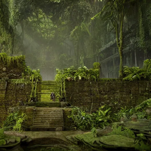 Image similar to a lost city in the jungle with vines and moss covering the ruins mysterious enigmatic unreal engine 4 k by iain mccaig and jan toorop