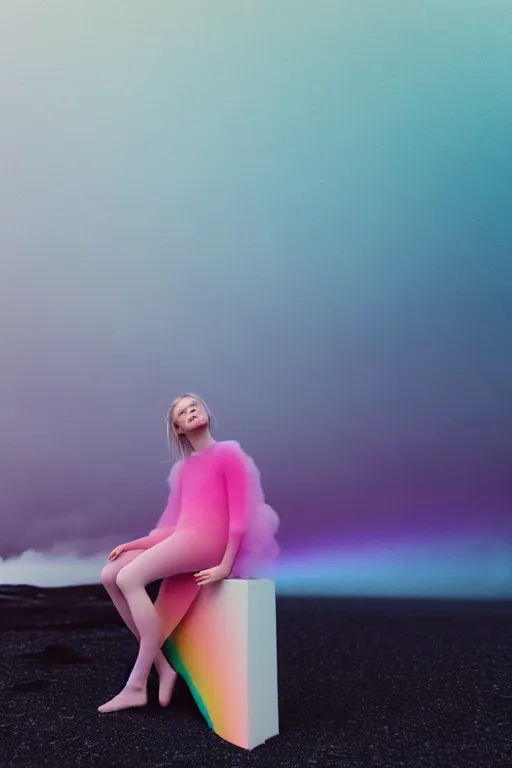 Image similar to high quality pastel coloured film photograph of a model wearing clothing resting on cloud furniture in a icelandic black rock environment in a partially haze filled dreamstate world. three point light, rainbow. photographic production. art directed. pastel colours. volumetric clouds. pastel gradient overlay. waves glitch artefacts. facial clarity. 8 k. filmic.